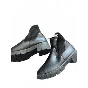 Black Chunky Sole Ribbed‎ Knit Chelsea Boots Vegan Leather EU 37